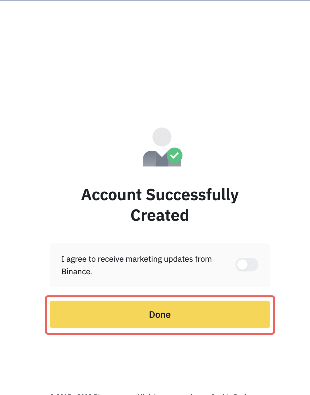 Account successfully created screen