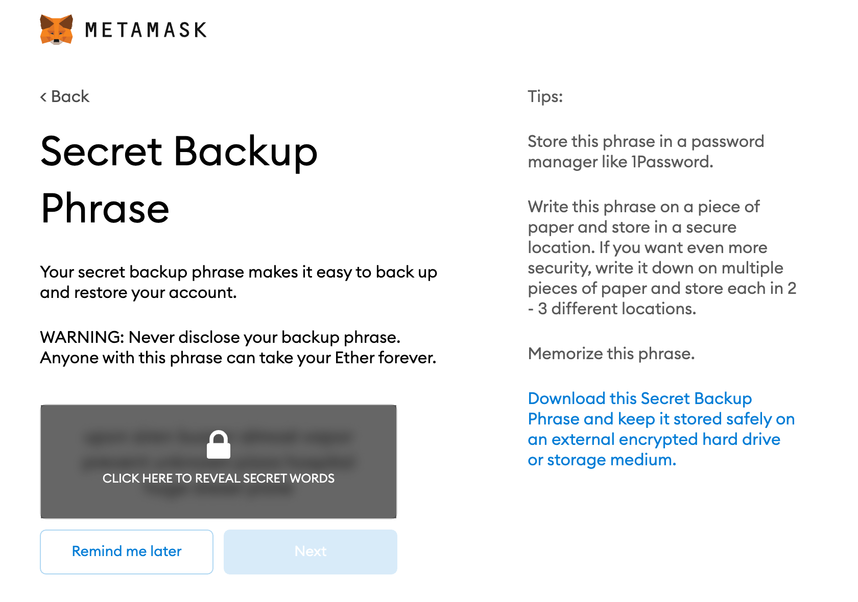 Secret Backup Phrase screen